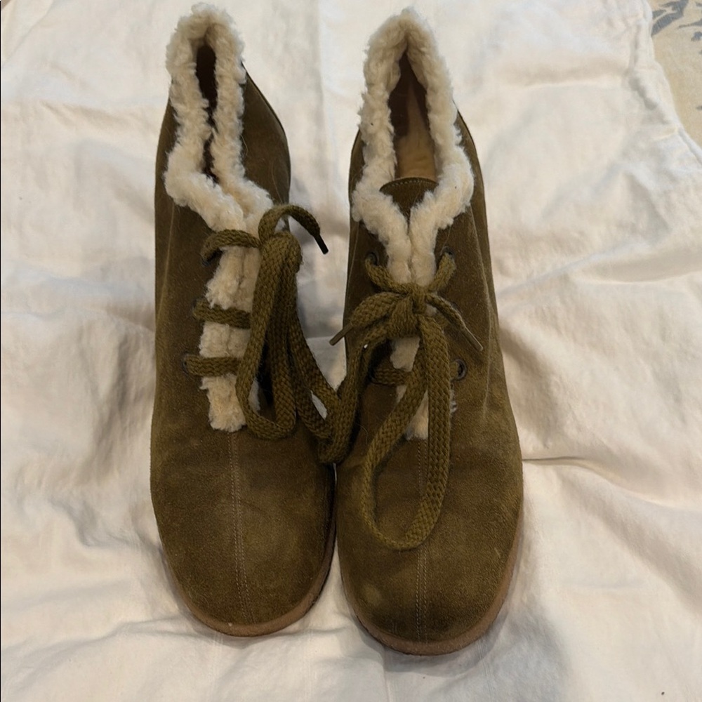 KORS Michael Kors Olive Suede Lace-Up Ankle Boots with Shearling Trim